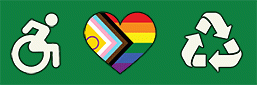 Icons for accessibility, pride, and recycling